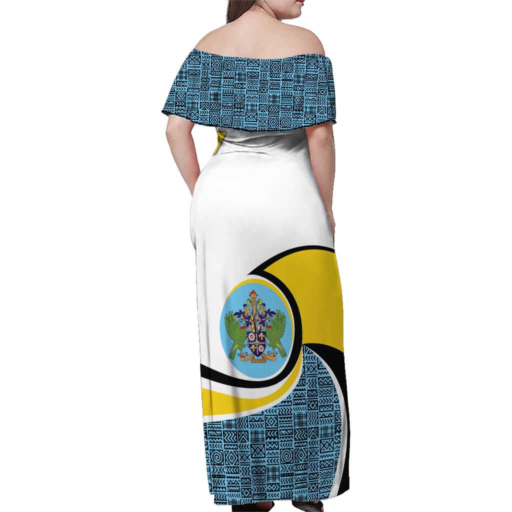 Saint Lucia Modern Tribal Crest Design Family Matching Off Shoulder Maxi Dress and Hawaiian Shirt with Flag Colors and Bold Text Layout - Wonder Print Shop