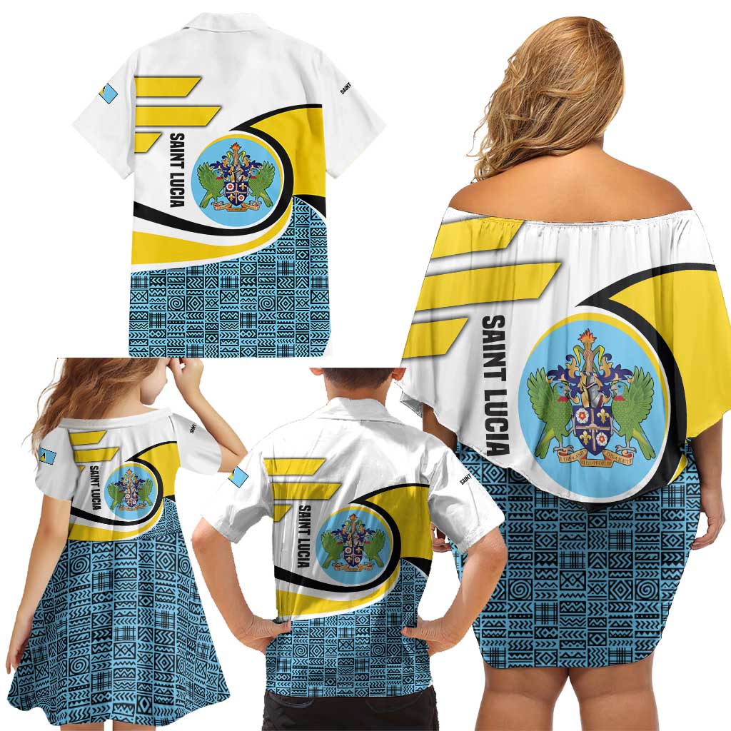Saint Lucia Modern Tribal Crest Design Family Matching Off Shoulder Short Dress and Hawaiian Shirt with Flag Colors and Bold Text Layout - Wonder Print Shop