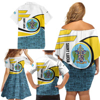 Saint Lucia Modern Tribal Crest Design Family Matching Off Shoulder Short Dress and Hawaiian Shirt with Flag Colors and Bold Text Layout - Wonder Print Shop