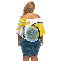 Saint Lucia Modern Tribal Crest Design Family Matching Off Shoulder Short Dress and Hawaiian Shirt with Flag Colors and Bold Text Layout - Wonder Print Shop