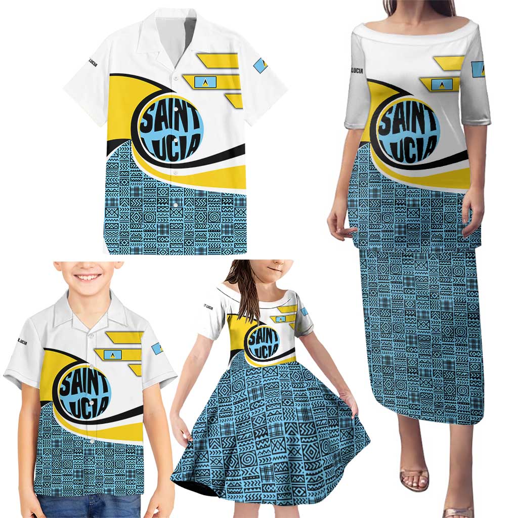 Saint Lucia Modern Tribal Crest Design Family Matching Puletasi and Hawaiian Shirt with Flag Colors and Bold Text Layout - Wonder Print Shop