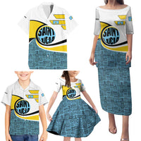 Saint Lucia Modern Tribal Crest Design Family Matching Puletasi and Hawaiian Shirt with Flag Colors and Bold Text Layout - Wonder Print Shop
