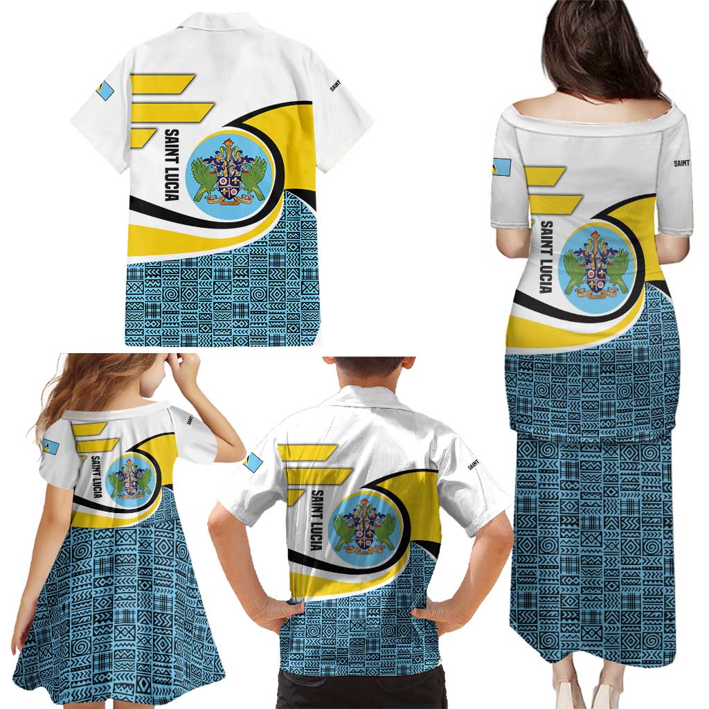 Saint Lucia Modern Tribal Crest Design Family Matching Puletasi and Hawaiian Shirt with Flag Colors and Bold Text Layout - Wonder Print Shop