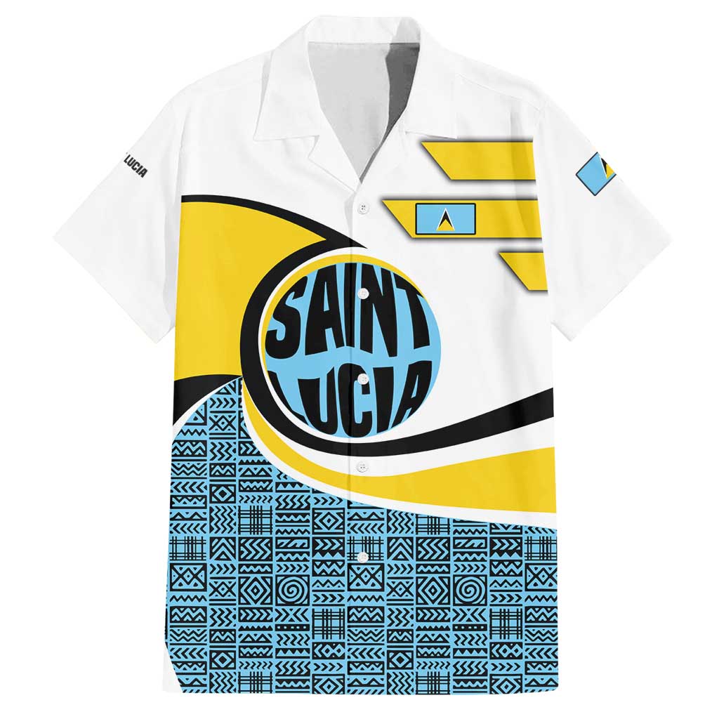 Saint Lucia Modern Tribal Crest Design Family Matching Puletasi and Hawaiian Shirt with Flag Colors and Bold Text Layout - Wonder Print Shop