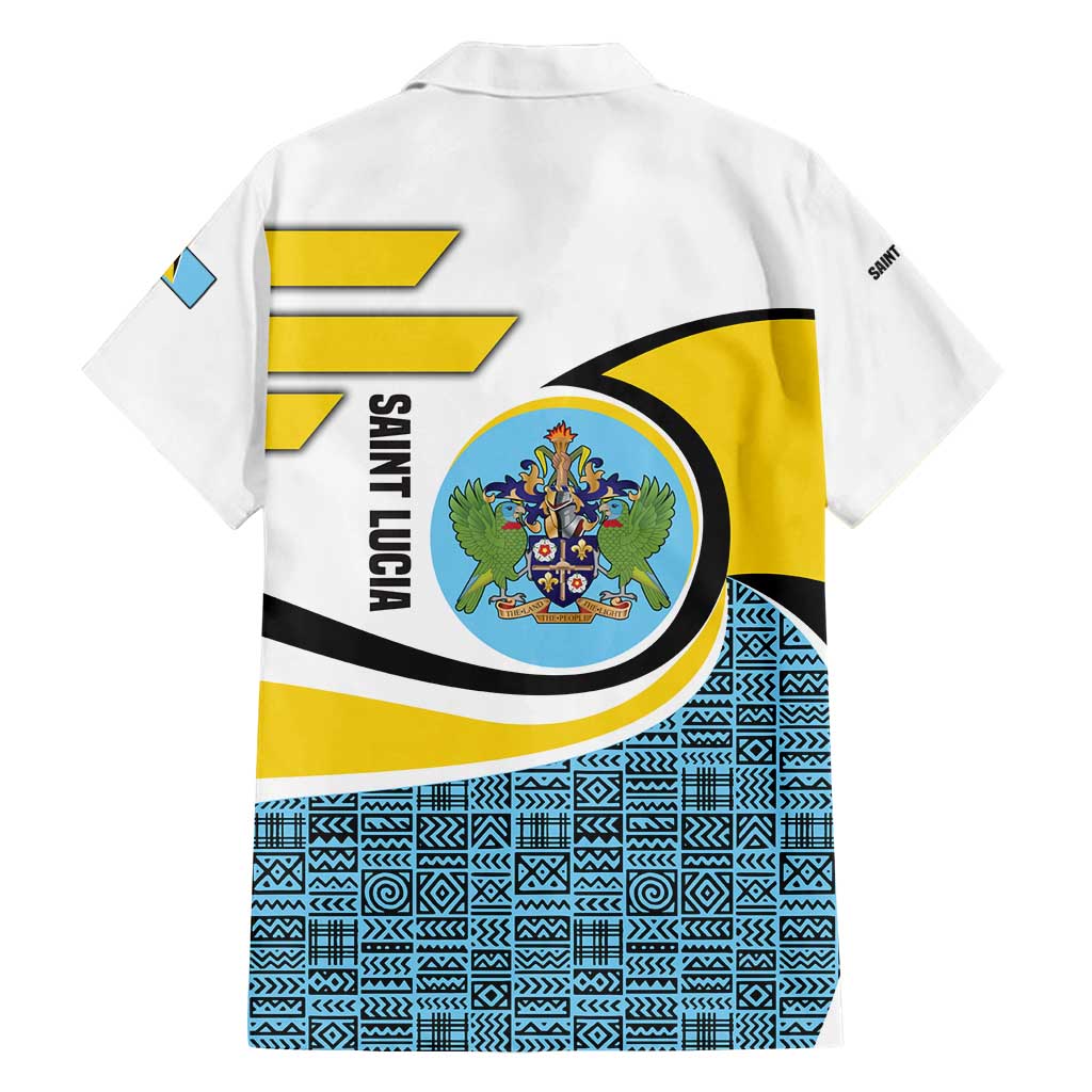 Saint Lucia Modern Tribal Crest Design Family Matching Puletasi and Hawaiian Shirt with Flag Colors and Bold Text Layout - Wonder Print Shop