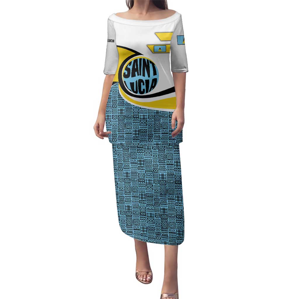 Saint Lucia Modern Tribal Crest Design Family Matching Puletasi and Hawaiian Shirt with Flag Colors and Bold Text Layout - Wonder Print Shop