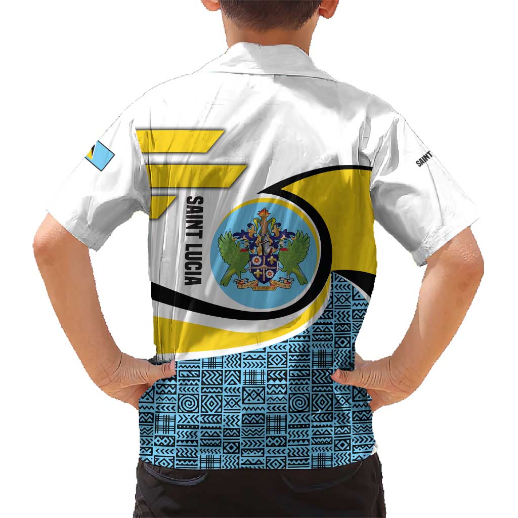 Saint Lucia Modern Tribal Crest Design Family Matching Short Sleeve Bodycon Dress and Hawaiian Shirt with Flag Colors and Bold Text Layout - Wonder Print Shop