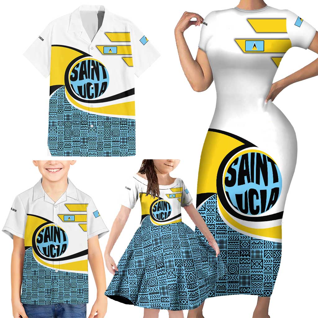 Saint Lucia Modern Tribal Crest Design Family Matching Short Sleeve Bodycon Dress and Hawaiian Shirt with Flag Colors and Bold Text Layout - Wonder Print Shop
