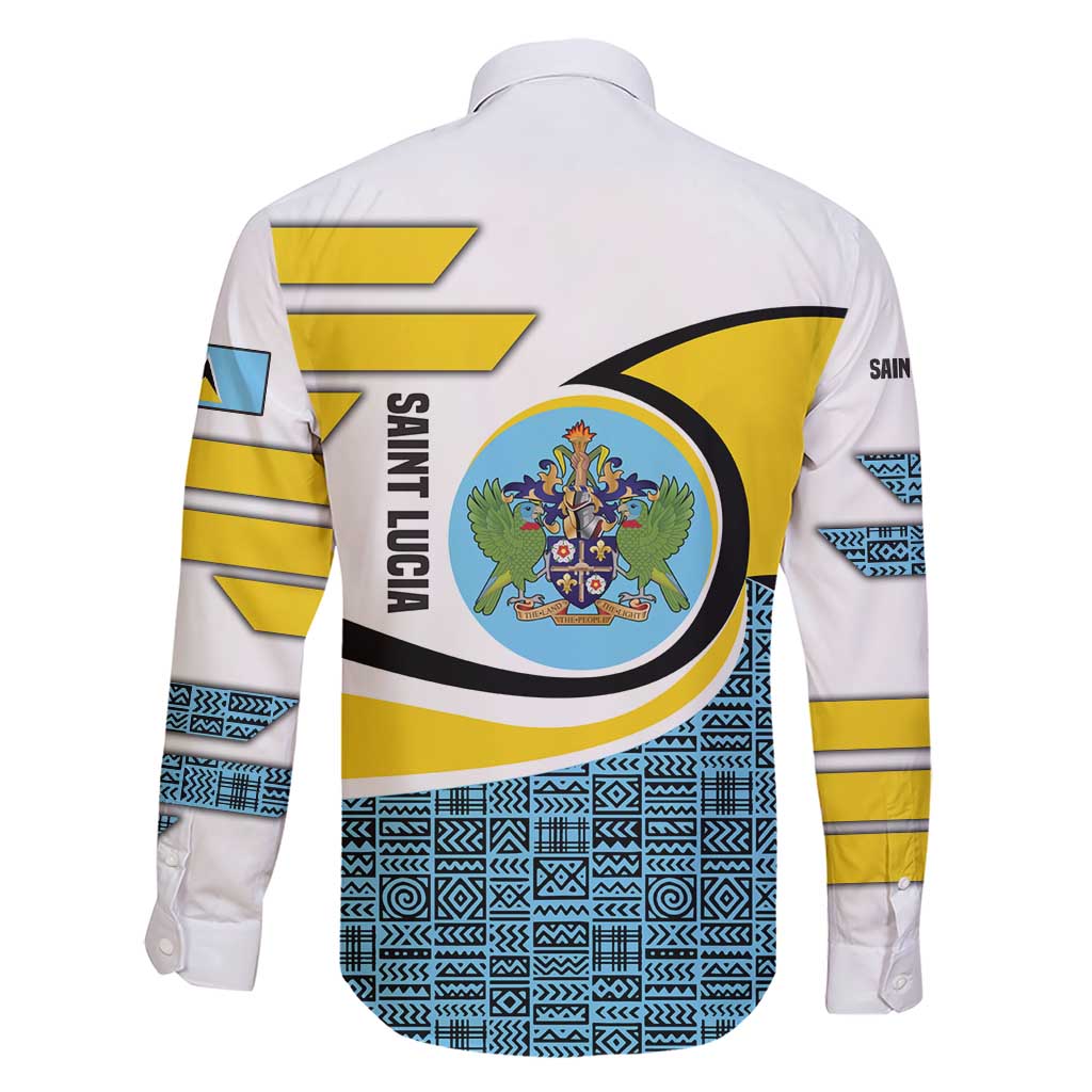 Saint Lucia Modern Tribal Crest Design Family Matching Short Sleeve Bodycon Dress and Hawaiian Shirt with Flag Colors and Bold Text Layout - Wonder Print Shop