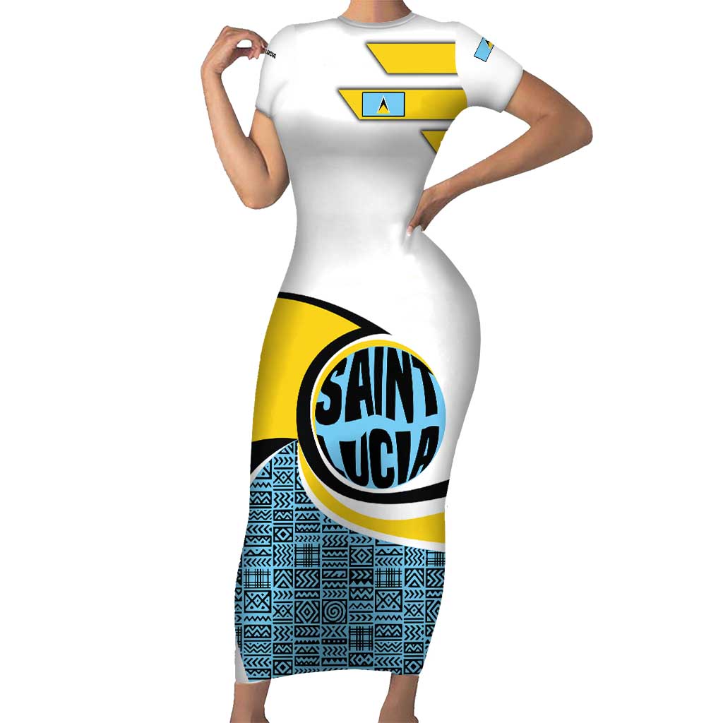 Saint Lucia Modern Tribal Crest Design Family Matching Short Sleeve Bodycon Dress and Hawaiian Shirt with Flag Colors and Bold Text Layout - Wonder Print Shop