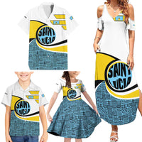 Saint Lucia Modern Tribal Crest Design Family Matching Summer Maxi Dress and Hawaiian Shirt with Flag Colors and Bold Text Layout - Wonder Print Shop