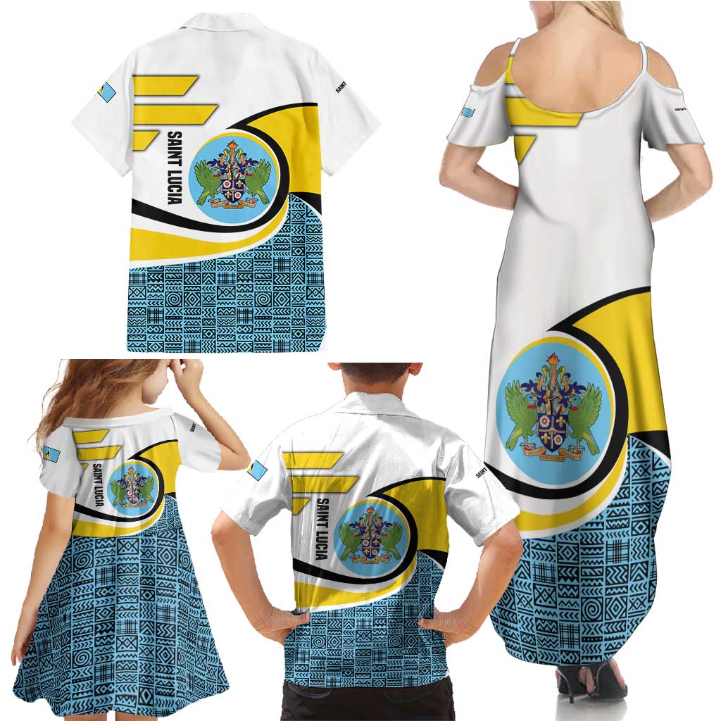Saint Lucia Modern Tribal Crest Design Family Matching Summer Maxi Dress and Hawaiian Shirt with Flag Colors and Bold Text Layout - Wonder Print Shop