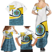 Saint Lucia Modern Tribal Crest Design Family Matching Summer Maxi Dress and Hawaiian Shirt with Flag Colors and Bold Text Layout - Wonder Print Shop