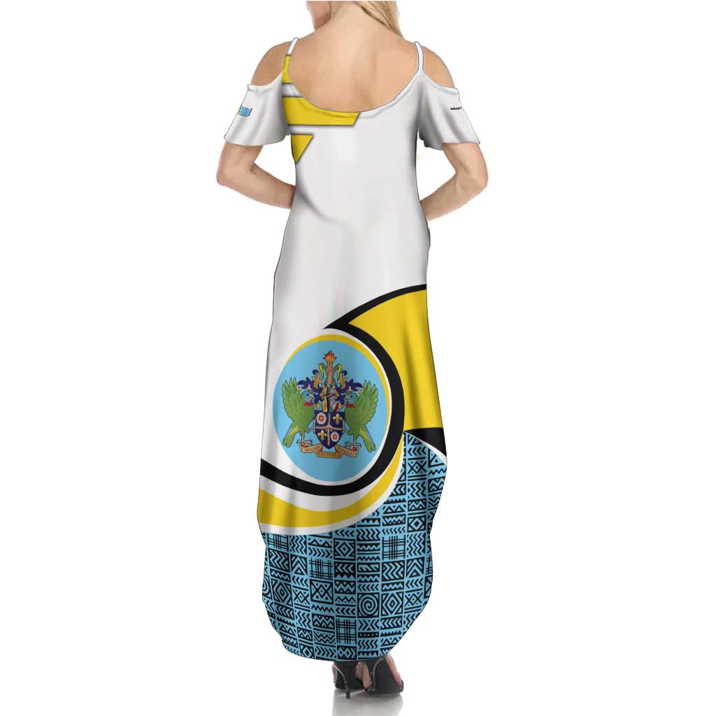 Saint Lucia Modern Tribal Crest Design Family Matching Summer Maxi Dress and Hawaiian Shirt with Flag Colors and Bold Text Layout - Wonder Print Shop