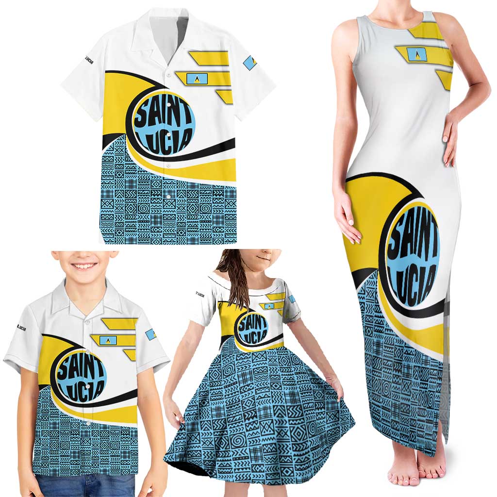 Saint Lucia Modern Tribal Crest Design Family Matching Tank Maxi Dress and Hawaiian Shirt with Flag Colors and Bold Text Layout - Wonder Print Shop