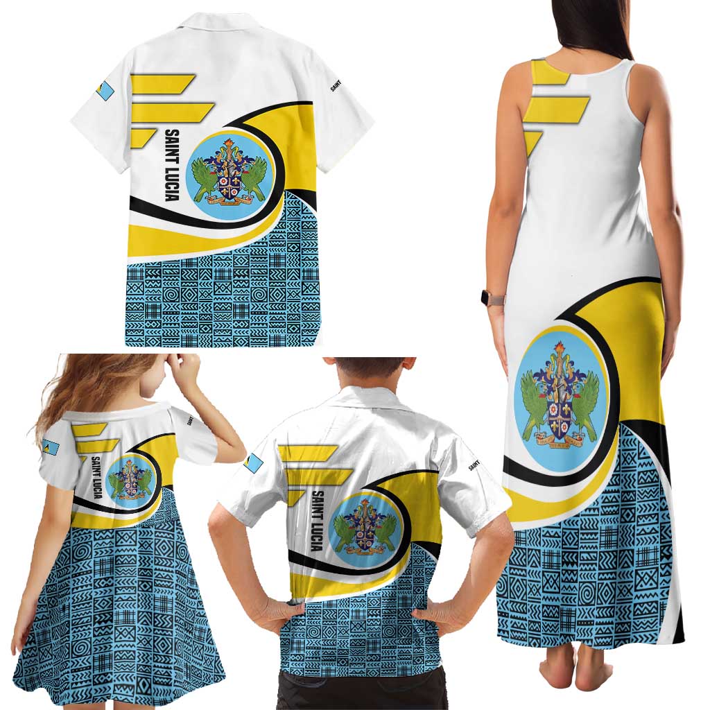 Saint Lucia Modern Tribal Crest Design Family Matching Tank Maxi Dress and Hawaiian Shirt with Flag Colors and Bold Text Layout - Wonder Print Shop
