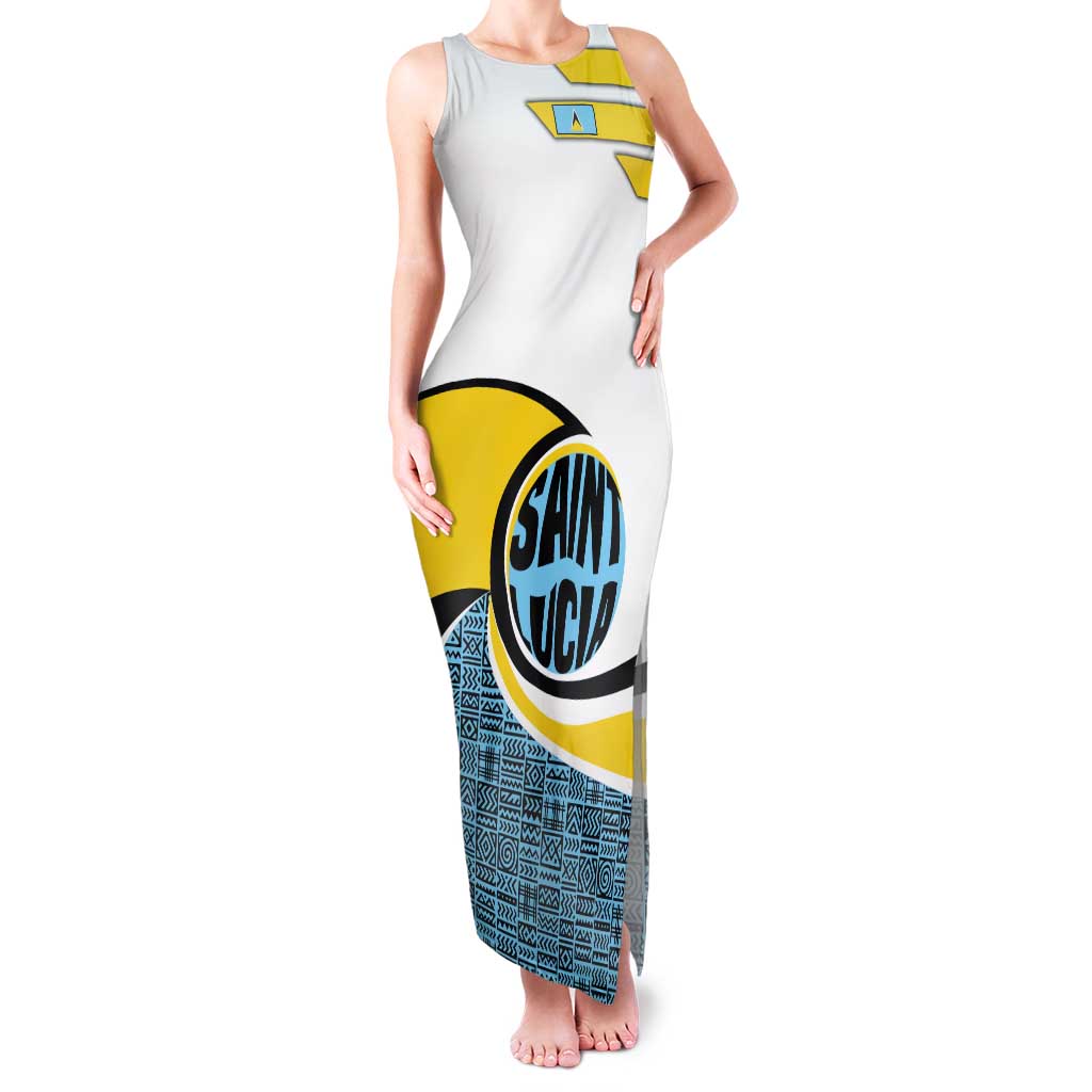 Saint Lucia Modern Tribal Crest Design Family Matching Tank Maxi Dress and Hawaiian Shirt with Flag Colors and Bold Text Layout - Wonder Print Shop