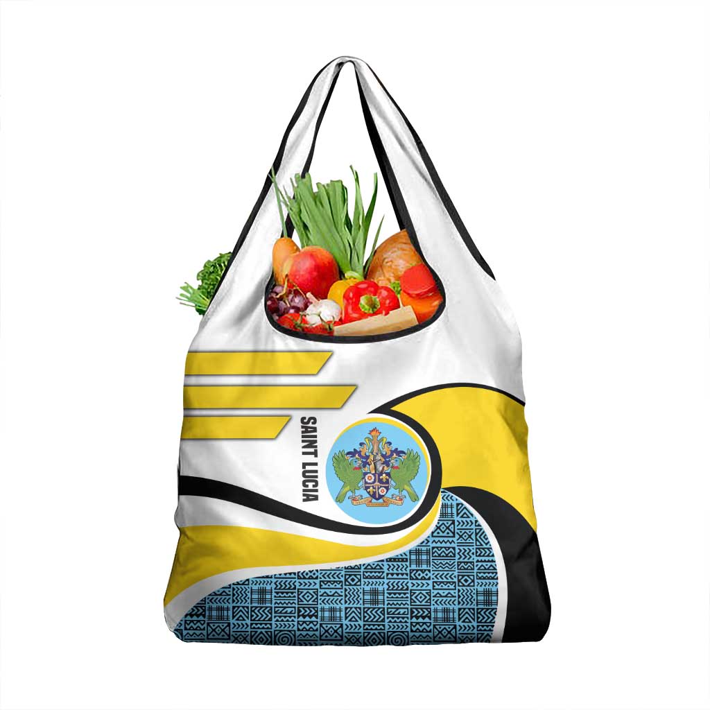 Saint Lucia Modern Tribal Crest Design Grocery Bag with Flag Colors and Bold Text Layout - Wonder Print Shop
