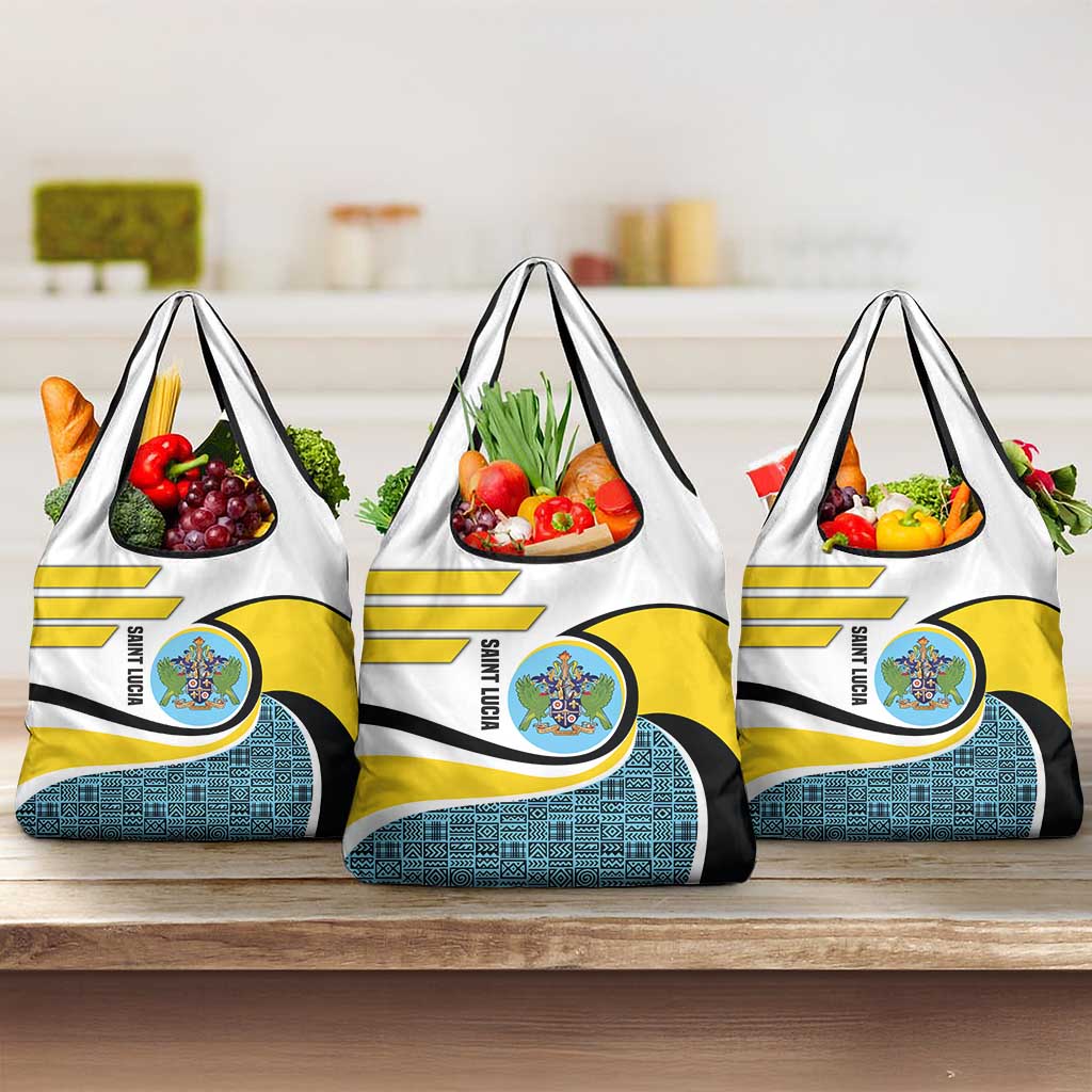 Saint Lucia Modern Tribal Crest Design Grocery Bag with Flag Colors and Bold Text Layout - Wonder Print Shop