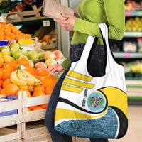 Saint Lucia Modern Tribal Crest Design Grocery Bag with Flag Colors and Bold Text Layout - Wonder Print Shop