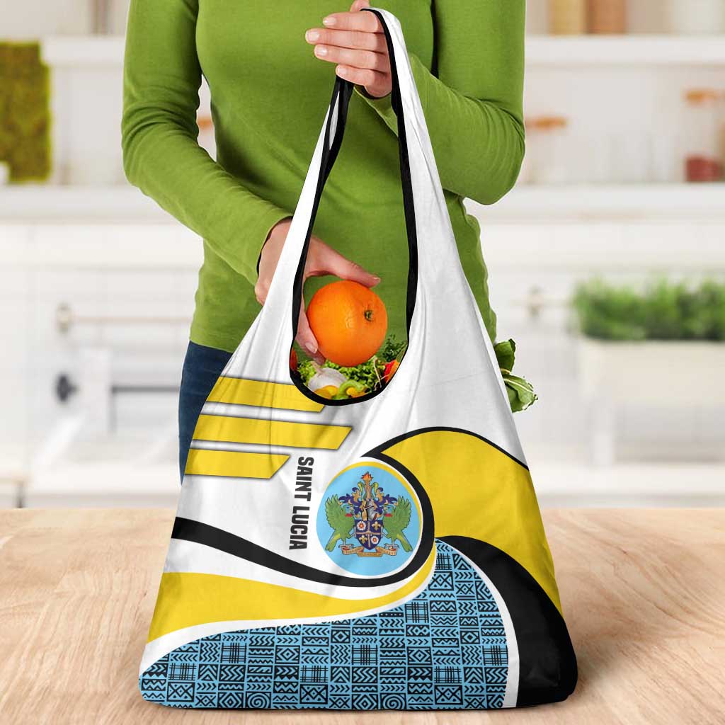 Saint Lucia Modern Tribal Crest Design Grocery Bag with Flag Colors and Bold Text Layout - Wonder Print Shop