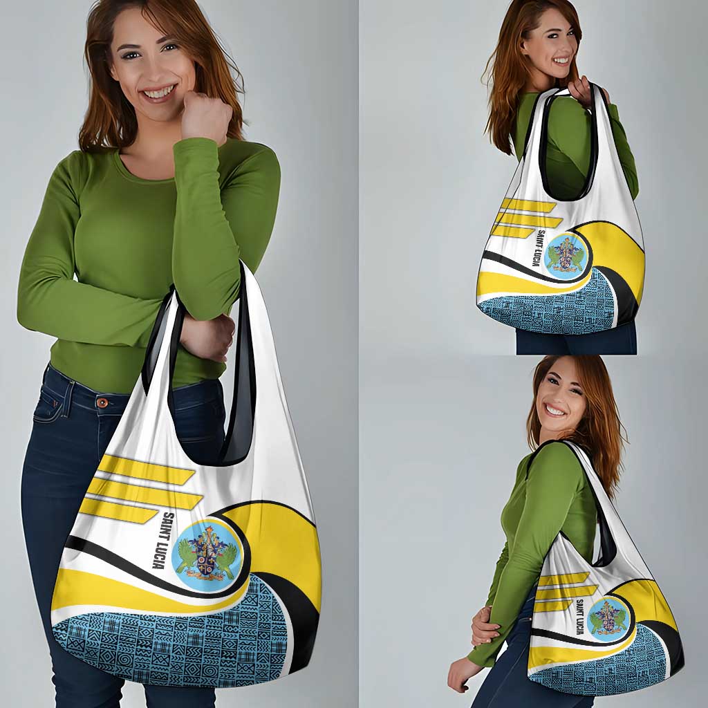 Saint Lucia Modern Tribal Crest Design Grocery Bag with Flag Colors and Bold Text Layout - Wonder Print Shop