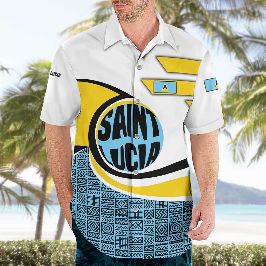 Saint Lucia Modern Tribal Crest Design Hawaiian Shirt with Flag Colors and Bold Text Layout - Wonder Print Shop