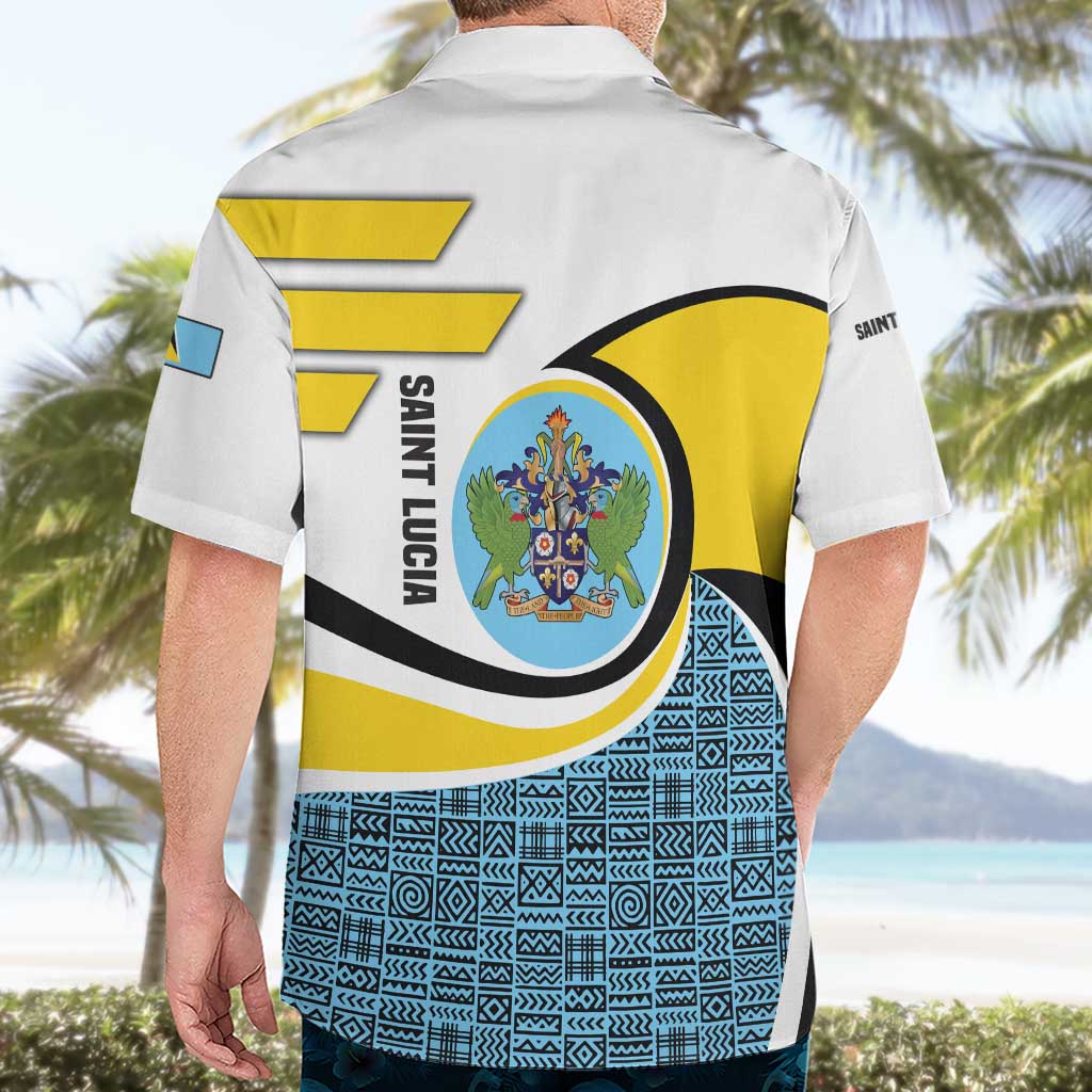 Saint Lucia Modern Tribal Crest Design Hawaiian Shirt with Flag Colors and Bold Text Layout - Wonder Print Shop