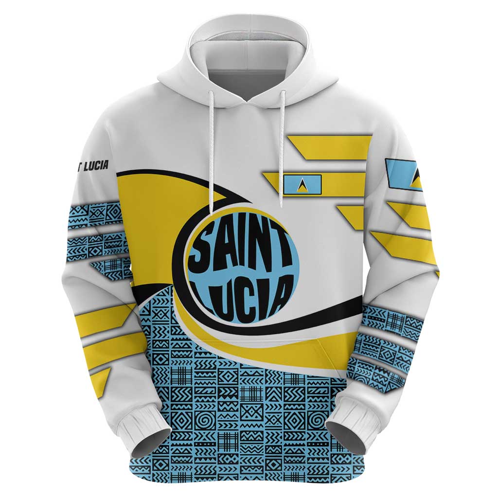 Saint Lucia Modern Tribal Crest Design Hoodie with Flag Colors and Bold Text Layout - Wonder Print Shop