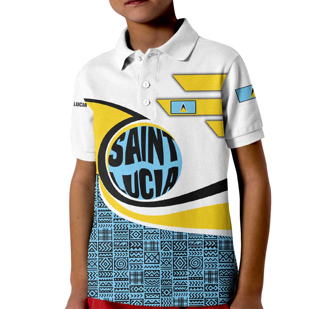 Saint Lucia Modern Tribal Crest Design Kid Polo Shirt with Flag Colors and Bold Text Layout - Wonder Print Shop