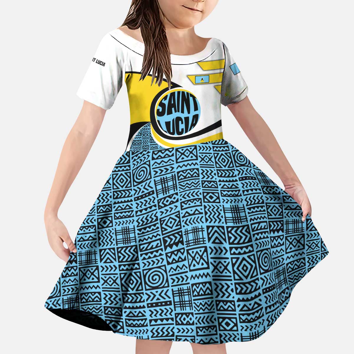 Saint Lucia Modern Tribal Crest Design Kid Short Sleeve Dress with Flag Colors and Bold Text Layout - Wonder Print Shop