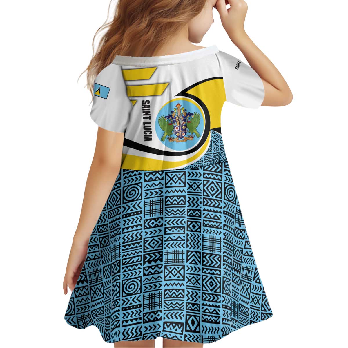 Saint Lucia Modern Tribal Crest Design Kid Short Sleeve Dress with Flag Colors and Bold Text Layout - Wonder Print Shop