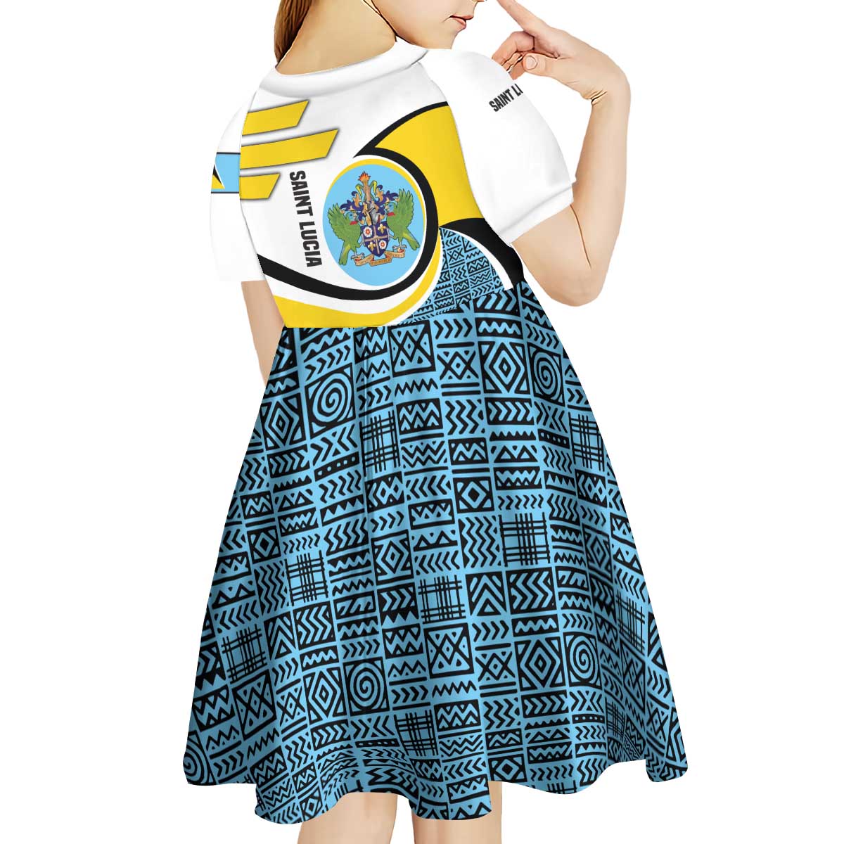 Saint Lucia Modern Tribal Crest Design Kid Short Sleeve Dress with Flag Colors and Bold Text Layout - Wonder Print Shop