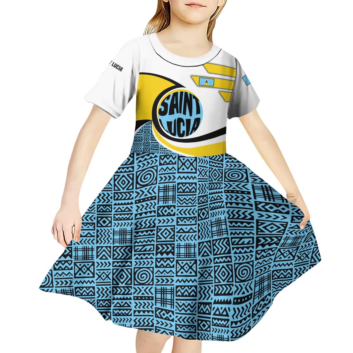 Saint Lucia Modern Tribal Crest Design Kid Short Sleeve Dress with Flag Colors and Bold Text Layout - Wonder Print Shop
