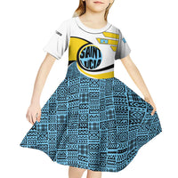 Saint Lucia Modern Tribal Crest Design Kid Short Sleeve Dress with Flag Colors and Bold Text Layout - Wonder Print Shop