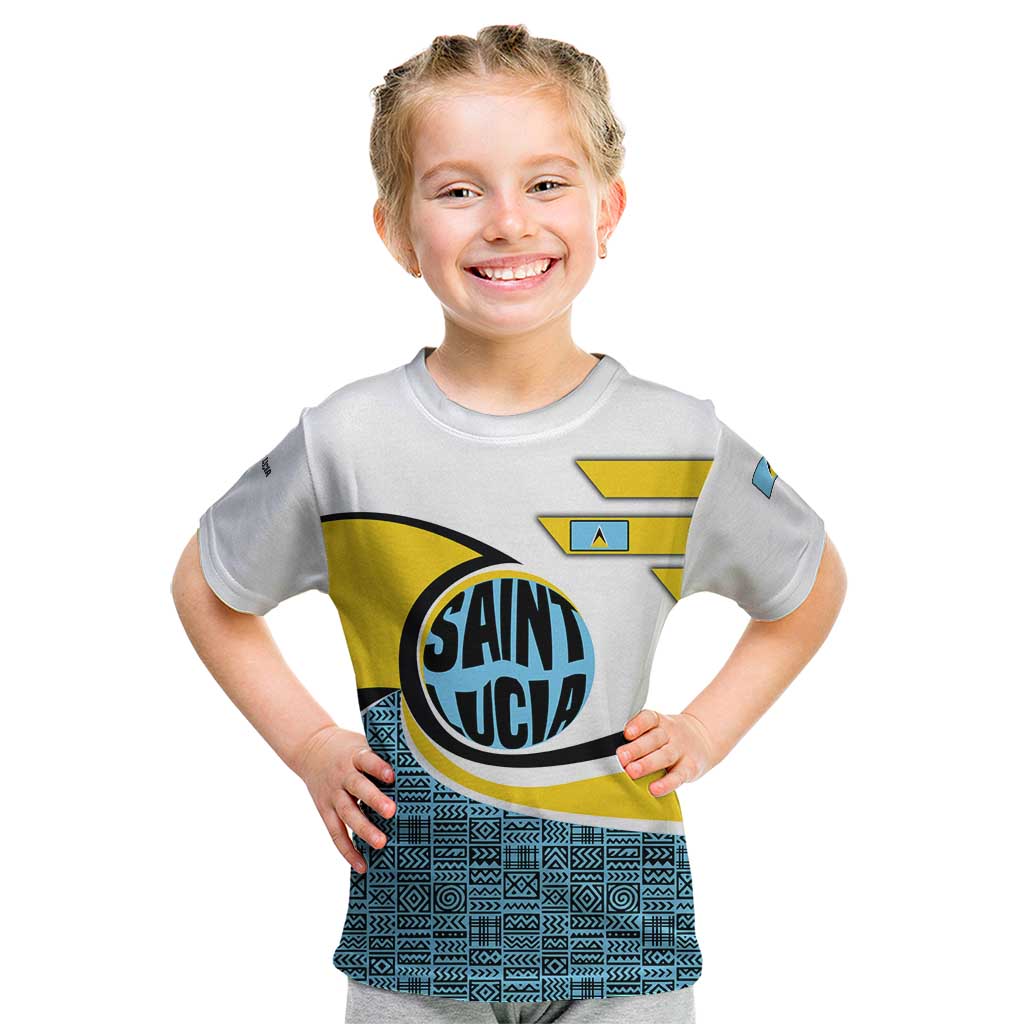 Saint Lucia Modern Tribal Crest Design Kid T Shirt with Flag Colors and Bold Text Layout - Wonder Print Shop