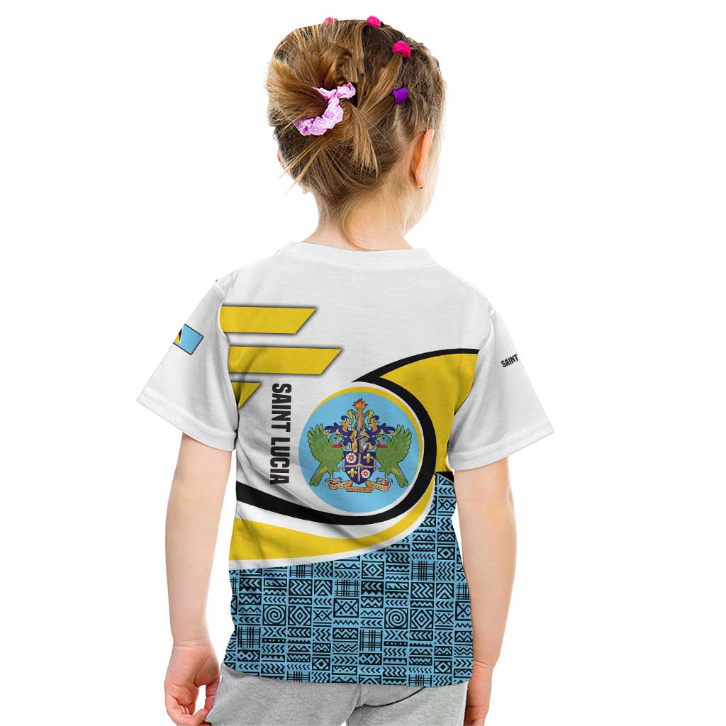 Saint Lucia Modern Tribal Crest Design Kid T Shirt with Flag Colors and Bold Text Layout - Wonder Print Shop
