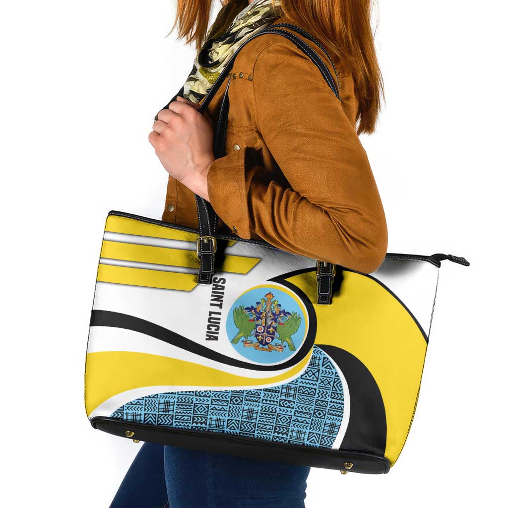 Saint Lucia Modern Tribal Crest Design Leather Tote Bag with Flag Colors and Bold Text Layout - Wonder Print Shop