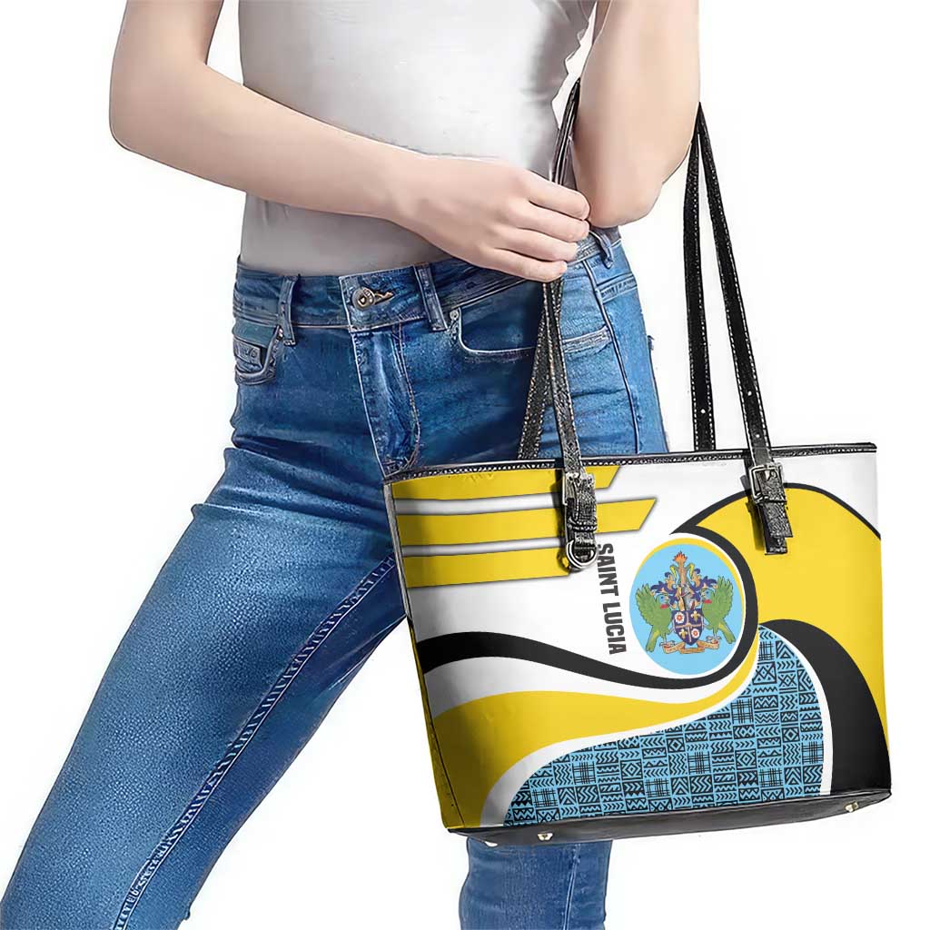Saint Lucia Modern Tribal Crest Design Leather Tote Bag with Flag Colors and Bold Text Layout - Wonder Print Shop