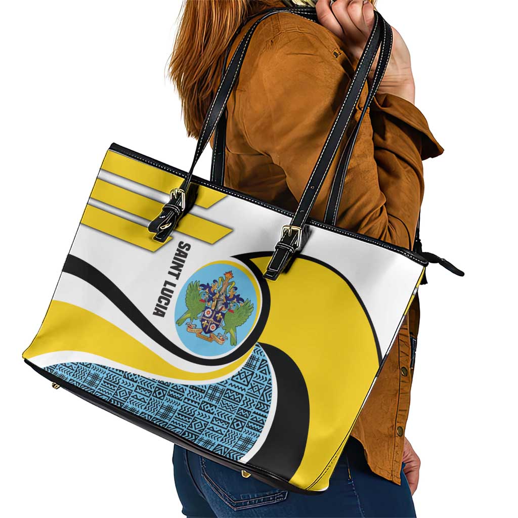 Saint Lucia Modern Tribal Crest Design Leather Tote Bag with Flag Colors and Bold Text Layout - Wonder Print Shop