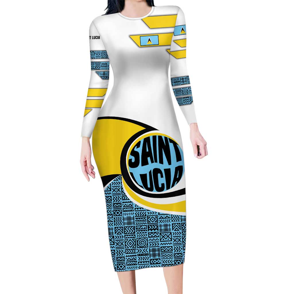Saint Lucia Modern Tribal Crest Design Long Sleeve Bodycon Dress with Flag Colors and Bold Text Layout - Wonder Print Shop