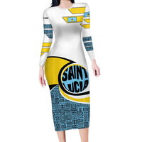 Saint Lucia Modern Tribal Crest Design Long Sleeve Bodycon Dress with Flag Colors and Bold Text Layout - Wonder Print Shop