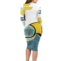 Saint Lucia Modern Tribal Crest Design Long Sleeve Bodycon Dress with Flag Colors and Bold Text Layout - Wonder Print Shop