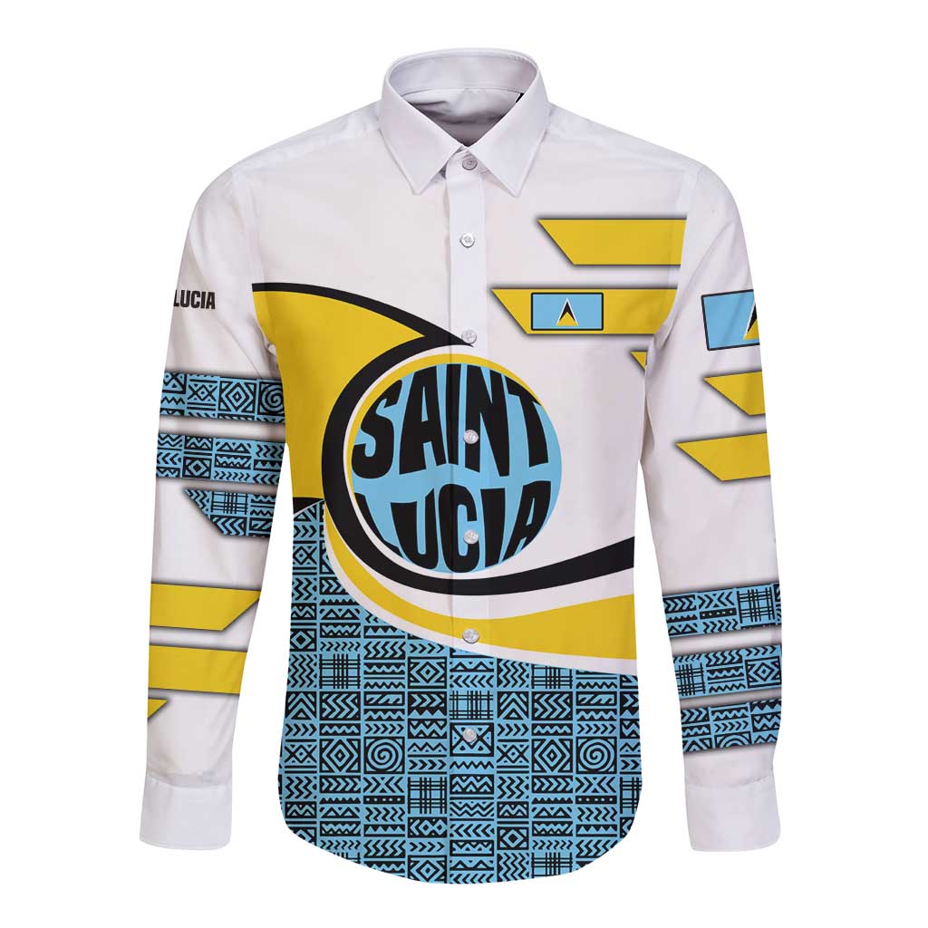 Saint Lucia Modern Tribal Crest Design Long Sleeve Button Shirt with Flag Colors and Bold Text Layout - Wonder Print Shop