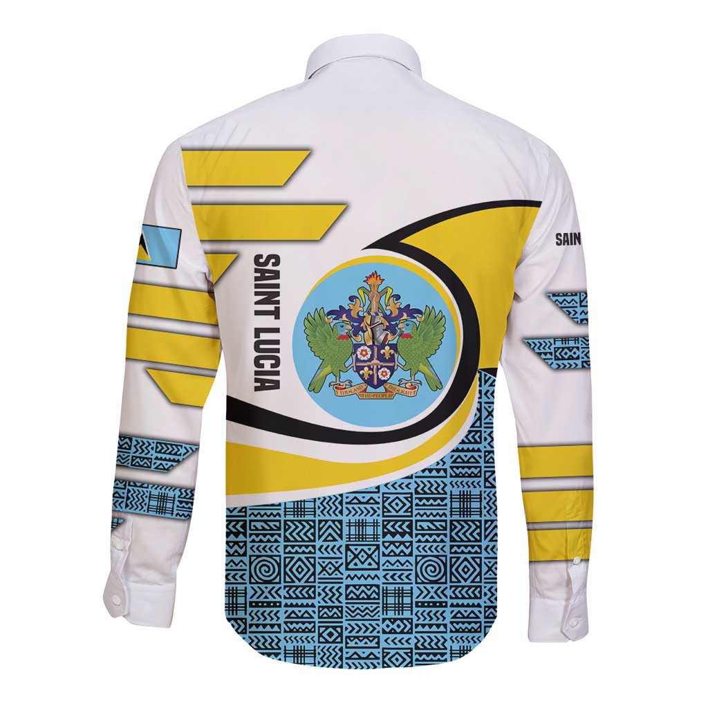 Saint Lucia Modern Tribal Crest Design Long Sleeve Button Shirt with Flag Colors and Bold Text Layout - Wonder Print Shop