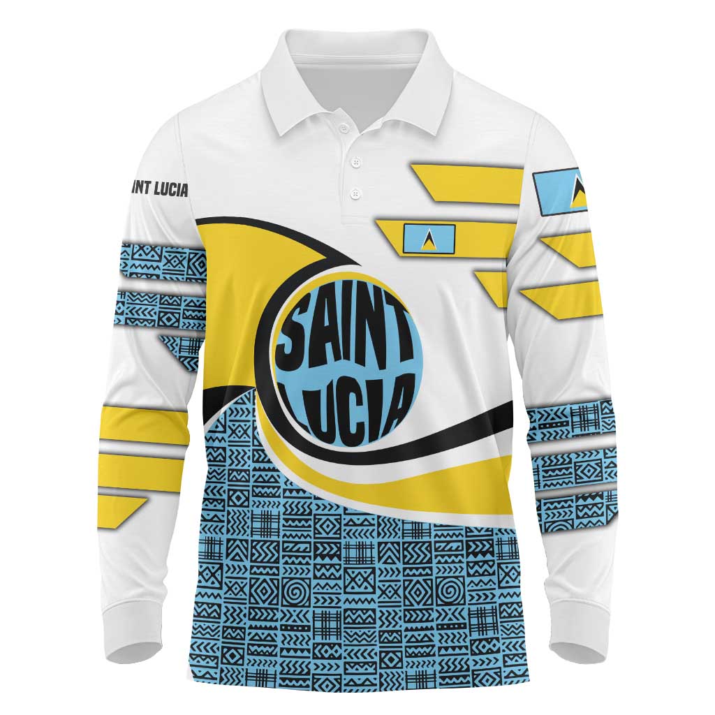 Saint Lucia Modern Tribal Crest Design Long Sleeve Polo Shirt with Flag Colors and Bold Text Layout - Wonder Print Shop