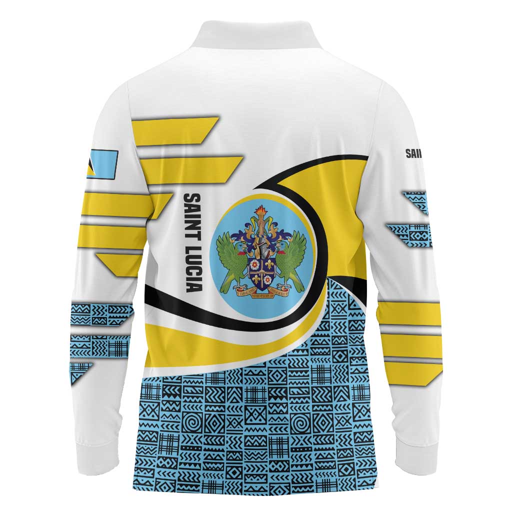 Saint Lucia Modern Tribal Crest Design Long Sleeve Polo Shirt with Flag Colors and Bold Text Layout - Wonder Print Shop