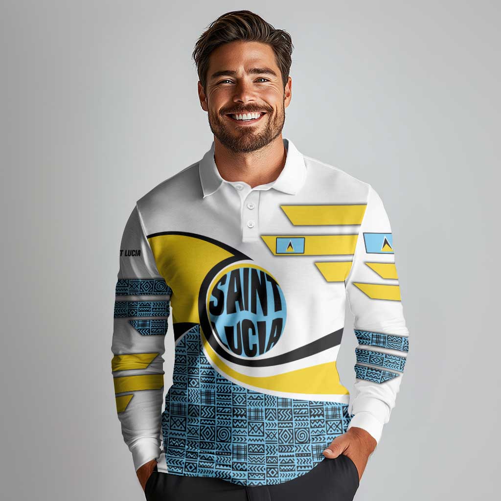 Saint Lucia Modern Tribal Crest Design Long Sleeve Polo Shirt with Flag Colors and Bold Text Layout - Wonder Print Shop