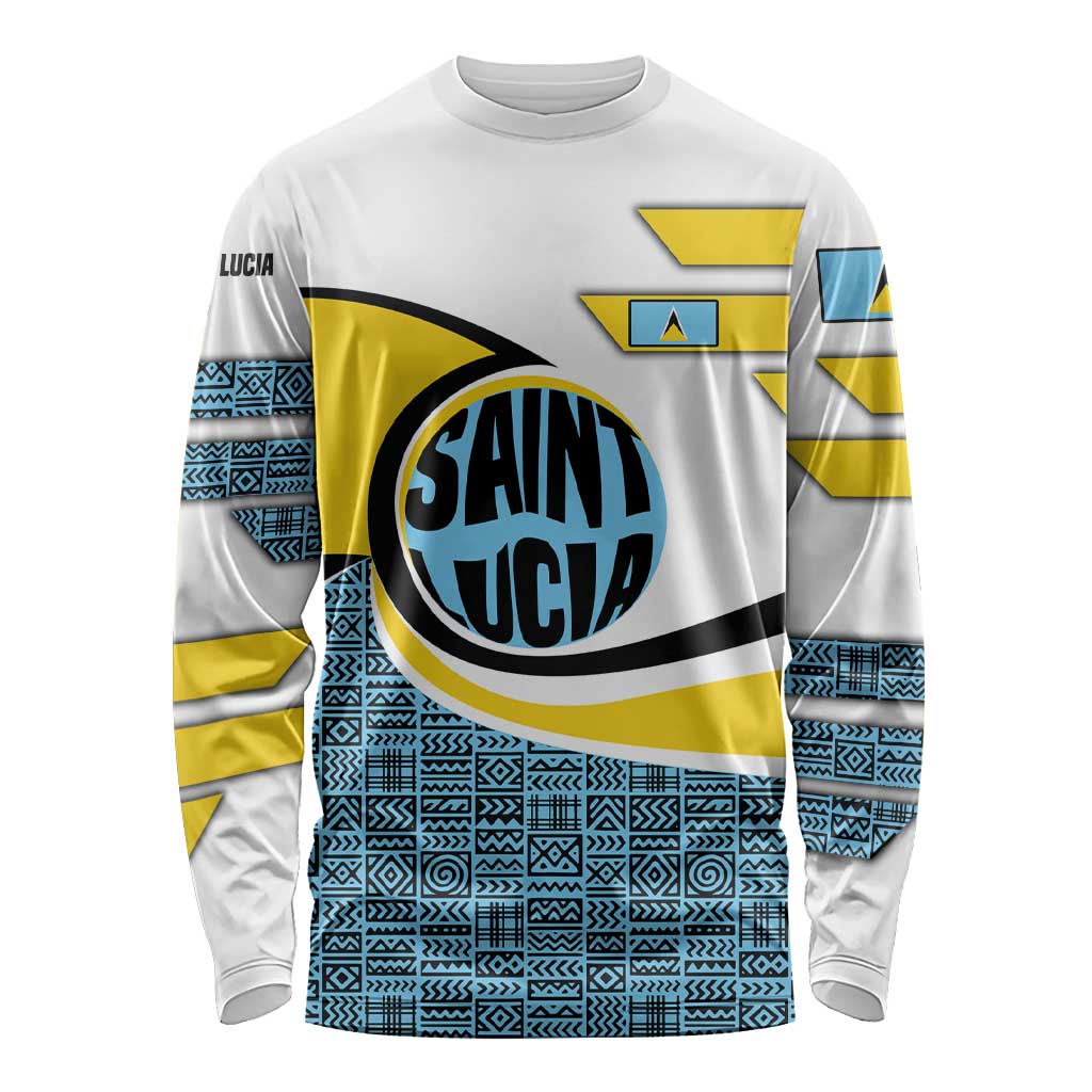 Saint Lucia Modern Tribal Crest Design Long Sleeve Shirt with Flag Colors and Bold Text Layout - Wonder Print Shop