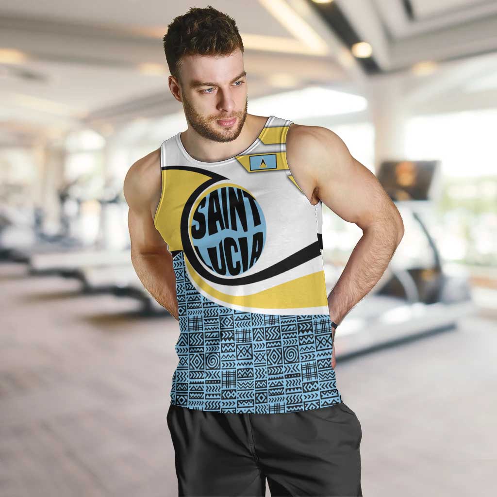 Saint Lucia Modern Tribal Crest Design Men Tank Top with Flag Colors and Bold Text Layout - Wonder Print Shop